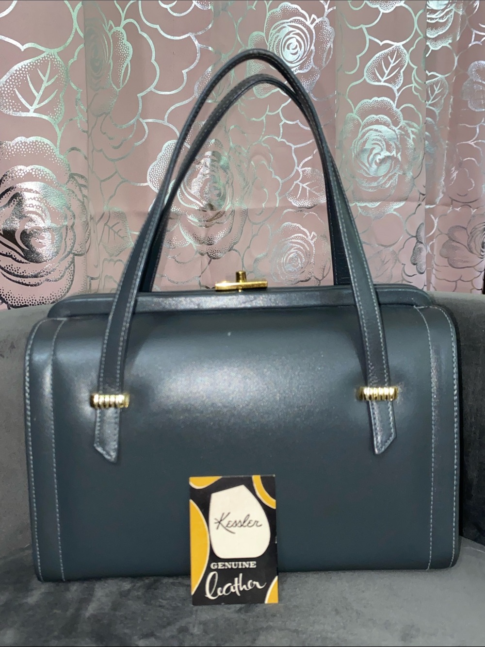 Vintage Kessler Gray Leather Handbag Top Handle Frame Bag Mid Century 1960s Tag